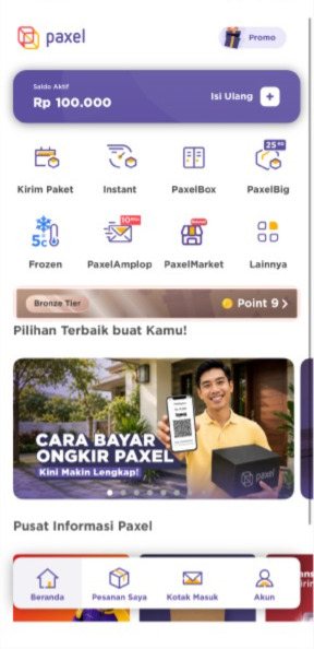 Beranda aplikasi Paxel dengan menu PaxelAmplop